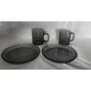 Pair of Vintage Libbey Smoke Gray Swirl Glass 7" Plate & Mug Lunch Dessert